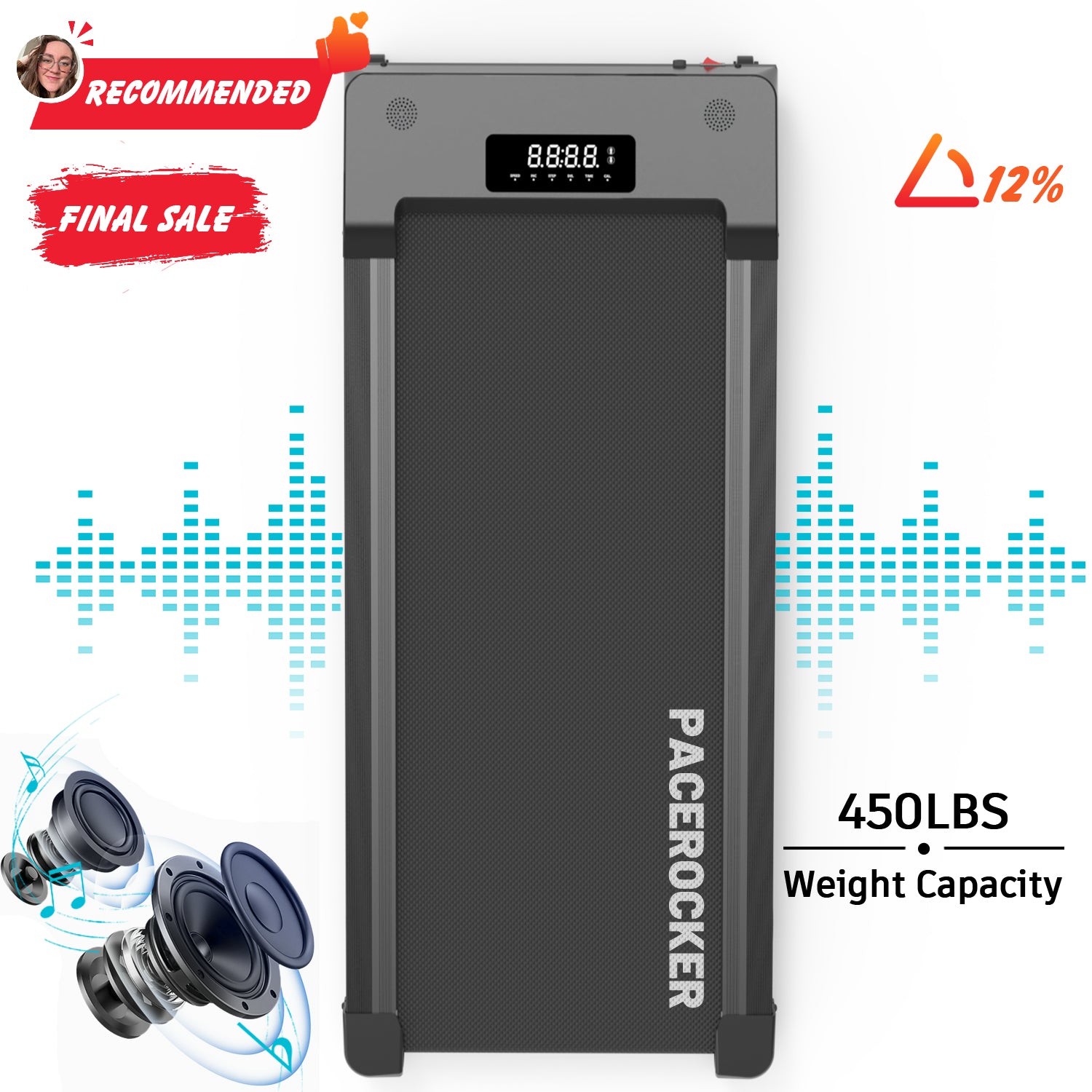 PACEROCKER Walking Pad Treadmill with 12% 9-Level Auto Incline