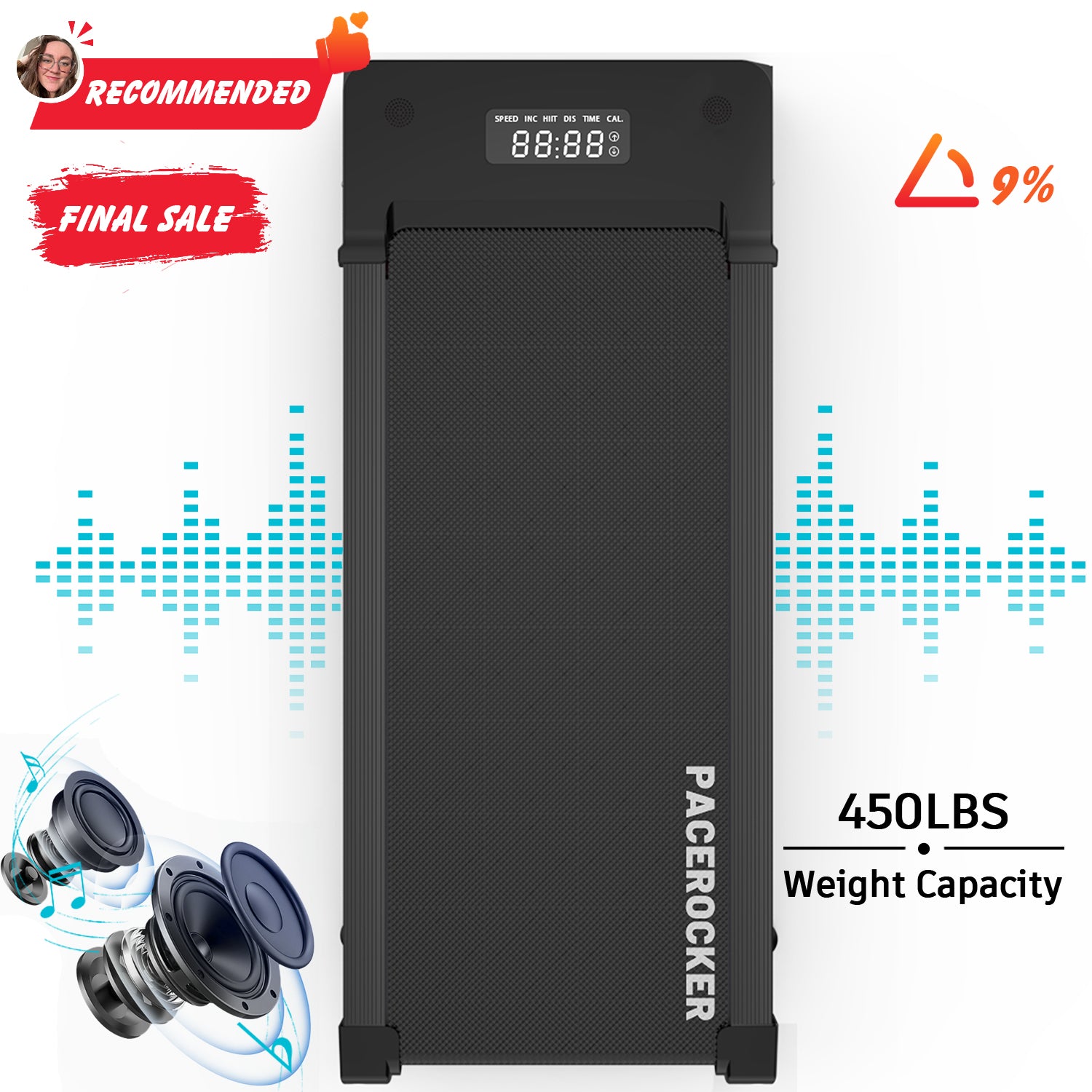 PACEROCKER Walking Pad Treadmill with 9% 9-Level Auto Incline, Under Desk Treadmill for Home with Hiking Mode, 400+ lbs Capacity, HI-RES AUDIO Bluetooth Speaker