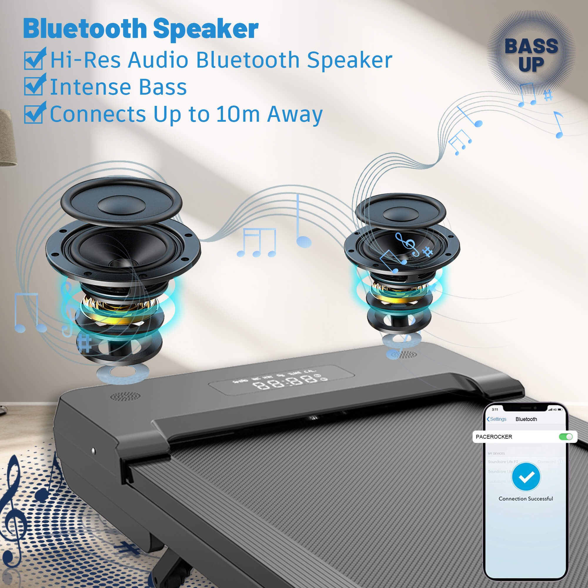 PACEROCKER Walking Pad Treadmill with 9% 9-Level Auto Incline, Under Desk Treadmill for Home with Hiking Mode, 400+ lbs Capacity, HI-RES AUDIO Bluetooth Speaker