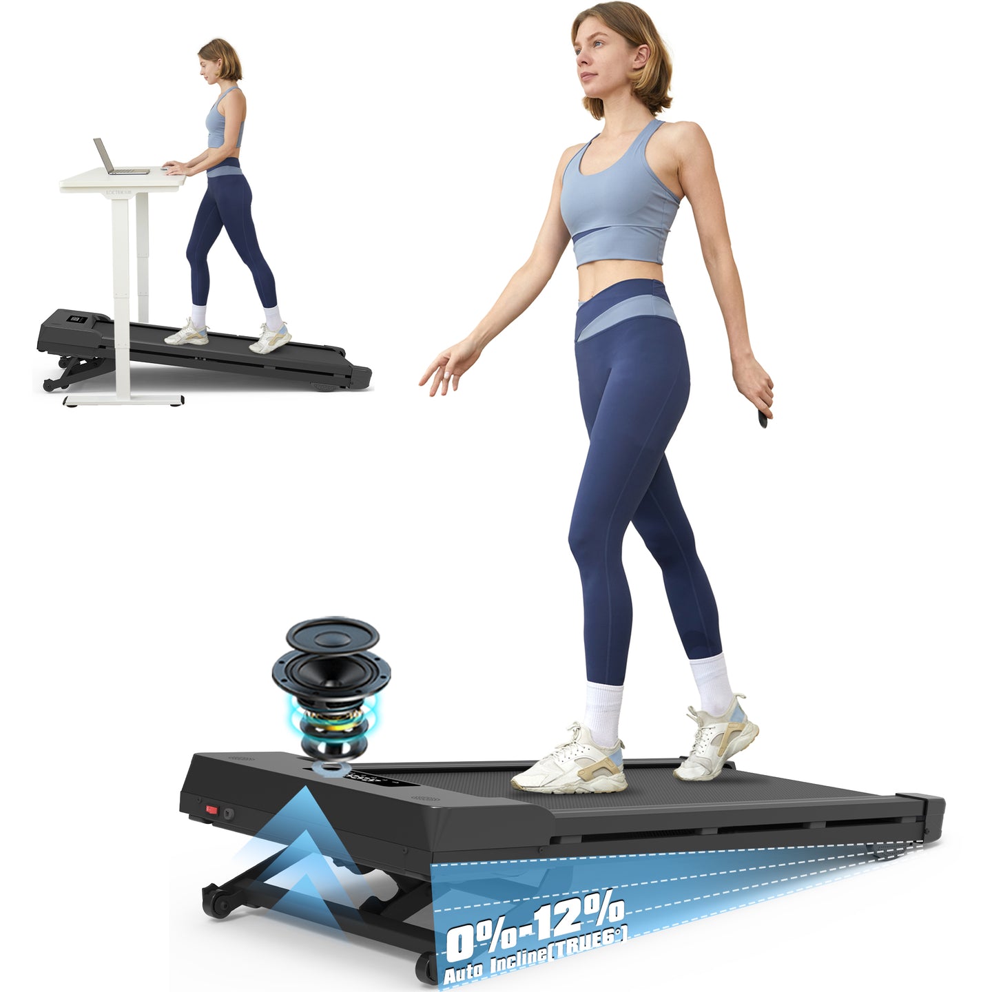 PACEROCKER Walking Pad Treadmill with 12% 9-Level Auto Incline, 450 lbs Capacity Bluetooth Speaker Under Desk Treadmills for Home Hiking, 5 MPH