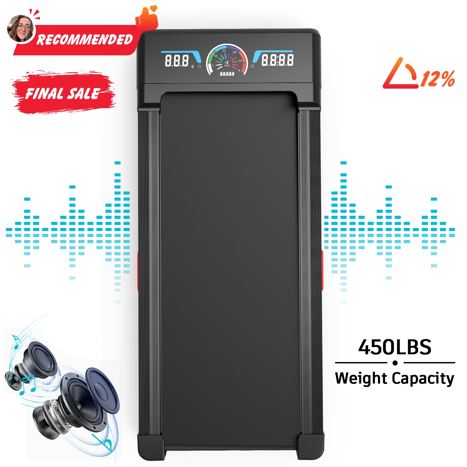 TRAILVIBER Walking Pad Treadmill with 12% 9-Level Auto Incline, Under Desk Treadmill, 450 lbs Capacity, RGB LED Screen, HI-RES AUDIO Bluetooth Speaker