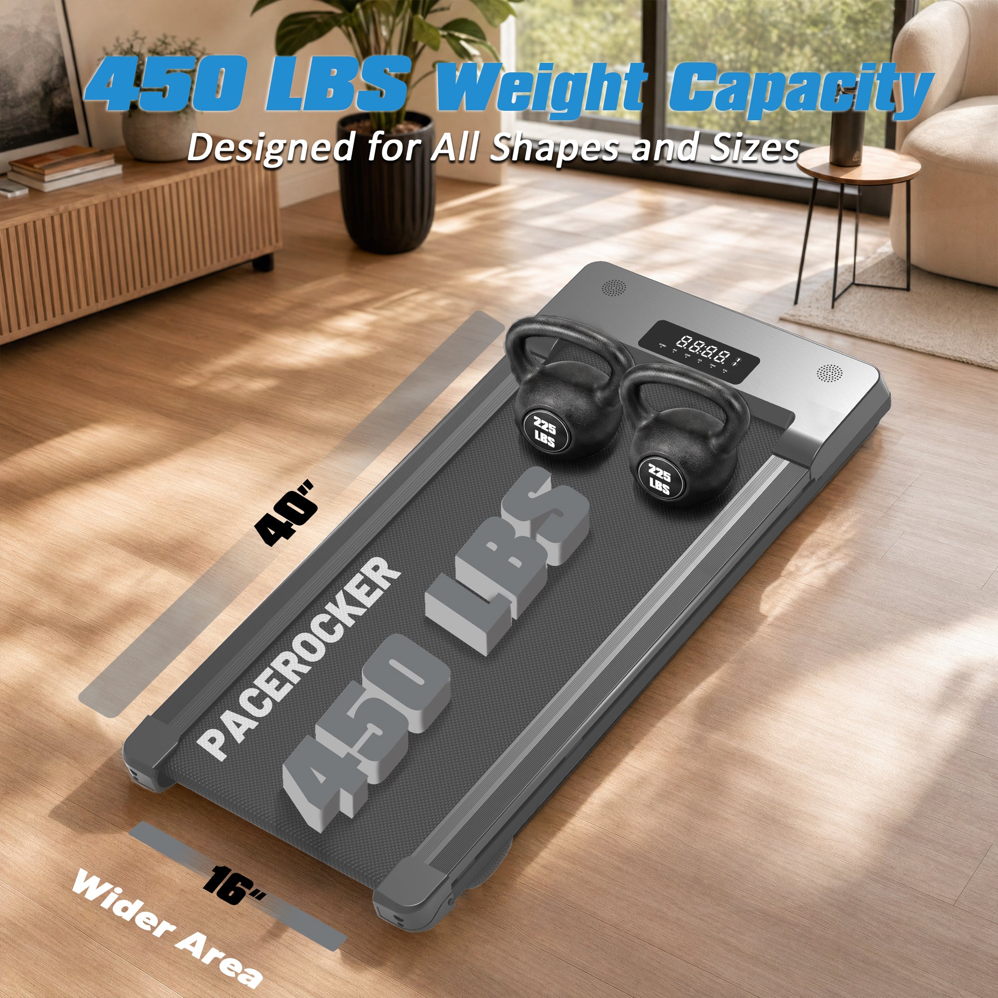 PACEROCKER Walking Pad Treadmill with 12% 9-Level Auto Incline, 450 lbs Capacity Bluetooth Speaker Under Desk Treadmills for Home Hiking, 5 MPH