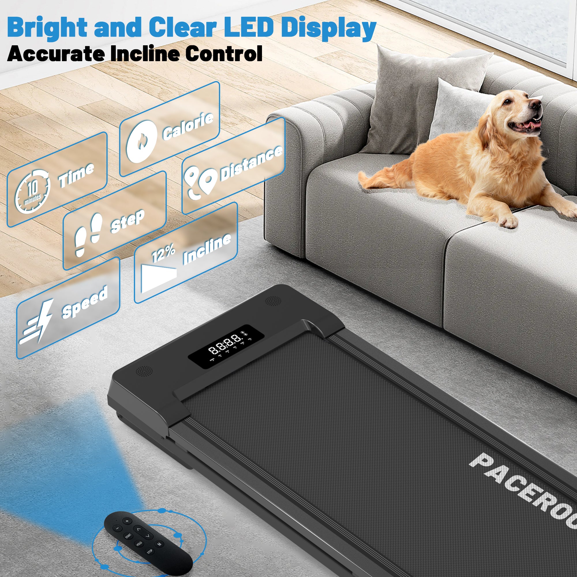 PACEROCKER Walking Pad Treadmill with 12% 9-Level Auto Incline, 450 lbs Capacity Bluetooth Speaker Under Desk Treadmills for Home Hiking, 5 MPH, Grey Black