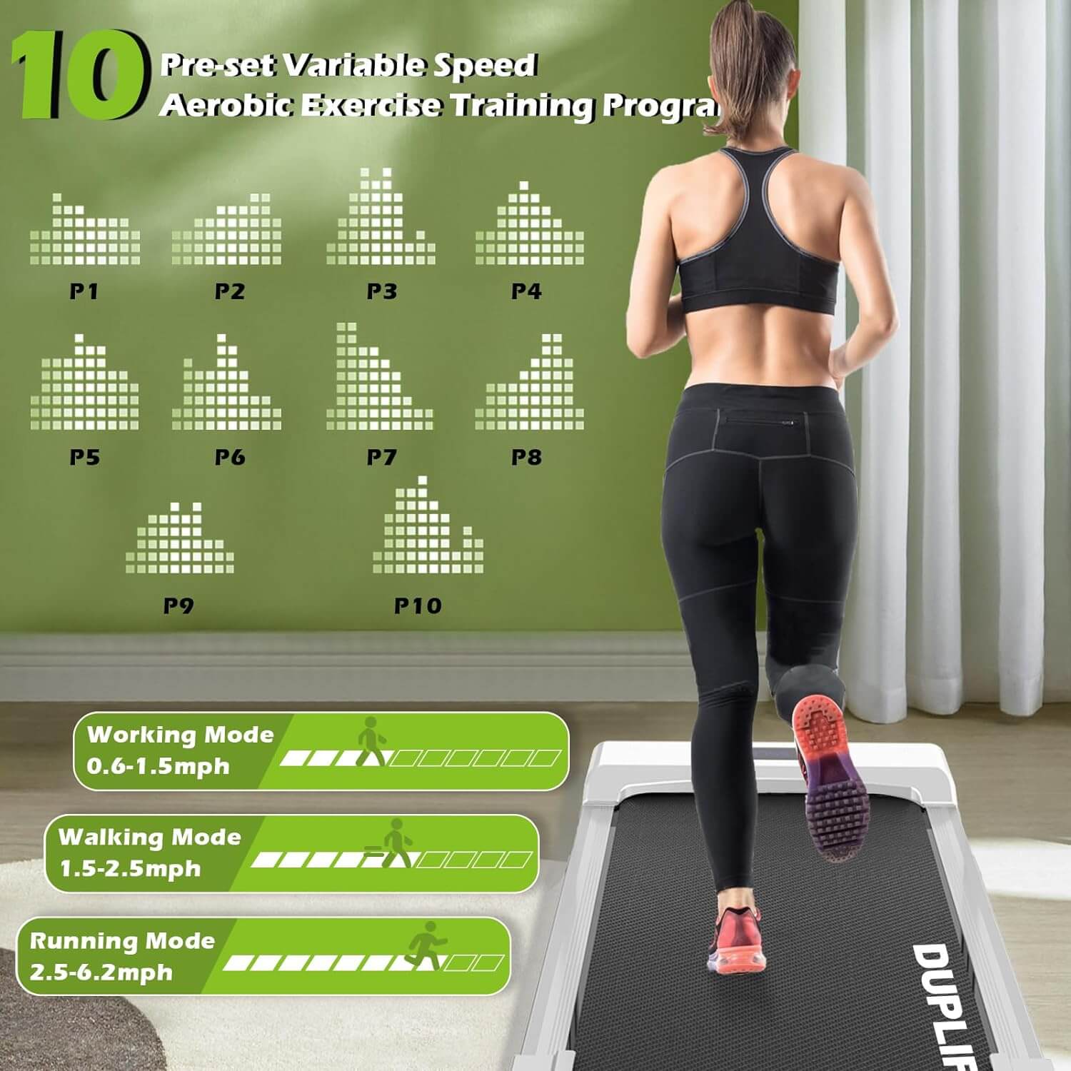 DUPLIFLARE Walking Pad With Incline product description about having 10 types training programs.