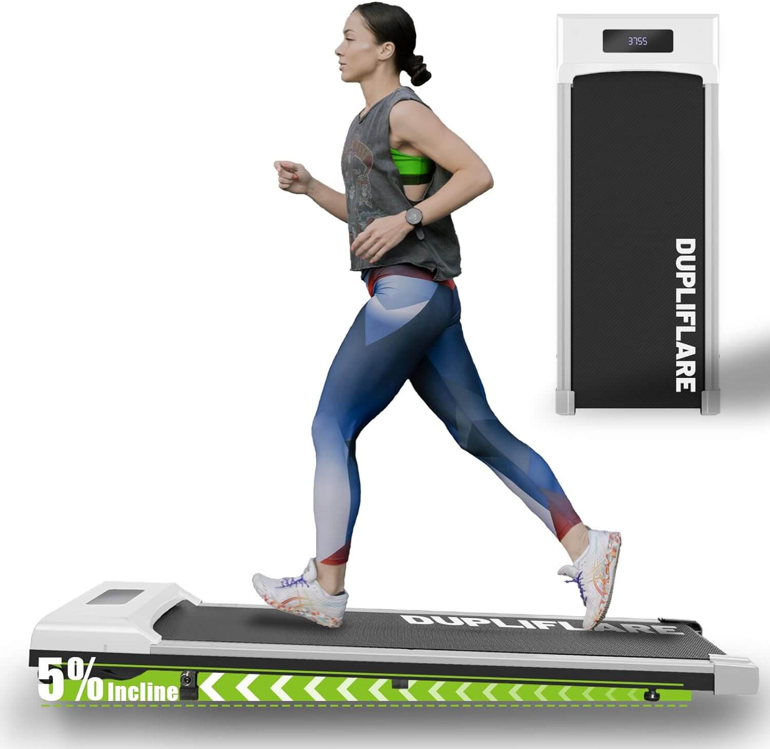 DUPLIFLARE Walking Pad With Incline product description about a woman show walking.